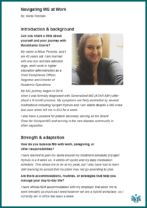 Our Board Chair, Alicia Peconio, shares her personal experience navigating myasthenia gravis while balancing work, life, and the challenges that come with living with MG. Read her story, featured by the Myasthenia Gravis Association.